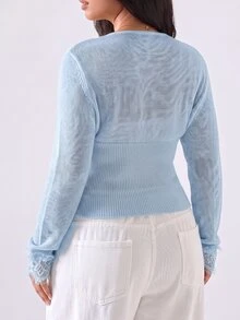 LYSMO 大尺碼女款白色滿版蕾絲設計長袖開襟衫，秋冬晚餐晨間約會之夜派對雞尾酒會優雅浪漫得體 - 淺藍色 - 查看 6