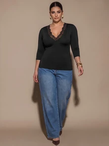 SHEIN BAE CURVE 大尺碼女款黑色中袖蕾絲上衣 - 黑色 - 查看 6