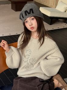 Dazy Kids Sweater Lengan Lentera untuk Pakaian Sehari-hari Kasual dengan Hiasan Rhinestone untuk Anak Perempuan Remaja - Light Grey - View 7
