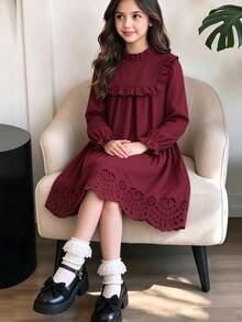 SHEIN 少女女孩棕色溫柔風極簡花卉印花長袖套頭洋裝，寬鬆版型，優雅 - 酒紅色 - 查看 5