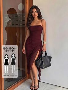 SHEIN PETITE 2026 女款春夏優雅性感復古黑色百褶荷葉邊不對稱下擺洋裝，適合夜晚外出 - 酒紅色 - 查看 4