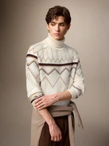 Calmiston Men's Autumn/Winter Wavy Striped Raglan Long Sleeve Turtleneck Sweater - Multicolor - View 9