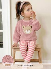 Cozy Pixies Baby Girl Casual Comfortable Daily Versatile Bear Pattern Pink Sweatshirt And Striped Long Pants Set - Pink - View 9
