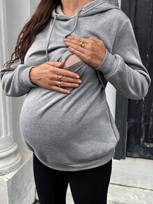 SHEIN 孕婦純色長袖休閒抽繩連帽哺乳衛衣 冬季 - 灰色 - 查看 6