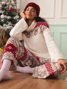 Chillnights Set Piyama Wanita Motif Salju Natal Warna Blok Mewah Lengan Panjang Kerah Bulat - MultiWarna - View 1