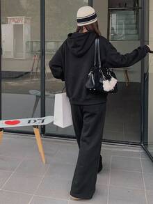 DAZY Women's 2pcs Rhinestone Pattern Loose Hooded Pullover Sweatshirt & Long Pants Casual Sports Streetwear Korean Style Fleece Lined Set, Autumn/Winter - Black - View 7