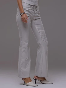 MUSERA Grey Low Rise Lace Up Flared Pants Autumn Fall Winter Cute Everyday Office Corporate Romance - Light Grey - View 3