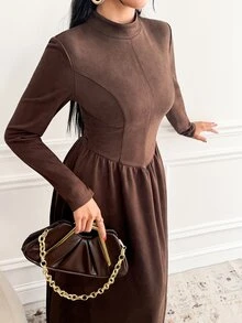 Veilorie Women's Pleated Casual Party Long Dress - Brown - View 5