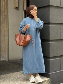 DAZY Women's Button Half-Placket Long Sleeve Casual Denim Dress - Blue - View 3