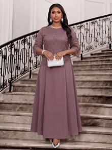 SHEIN CURVE+ Plus Size Women's Contrast Lace Round Neck 3/4 Sleeve Elegant Dress Fall - Purple - View 7