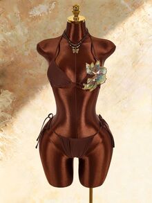 Amplova Women's 3 Pieces Swimwear Set With 3D Floral Butterfly Orchid Bra Cups, Solid Color Lining, Ruffle Hem Cover-Up And Front Center Knot - Brown - View 3