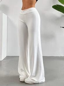 SHEIN Tall CURVE 大尺碼女款純色鈕扣設計寬腿鬆身長褲，休閒通勤褲，舒適秋季款 - 白色 - 查看 5