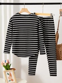 SHEIN Vintaside Kids 女童軟綿復古條紋上衣，圓弧下擺配寬鬆長褲，修身輕盈春秋開學套裝 - 彩色 - 查看 4