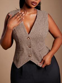 Radiana Plus Button Front Vest Blazer Without Blouse - Brown - View 8