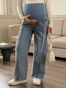 DAZY Distressed Washed Straight Leg Casual Everyday Korean Style Autumn/Winter Maternity Jeans - Blue - View 1