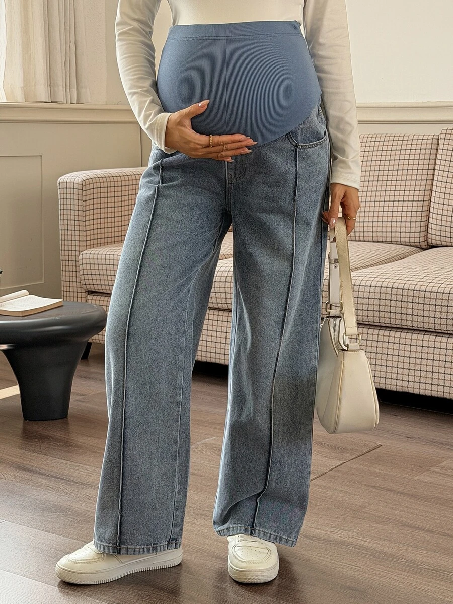 DAZY Distressed Washed Straight Leg Casual Everyday Korean Style Autumn/Winter Maternity Jeans - Blue - View 1