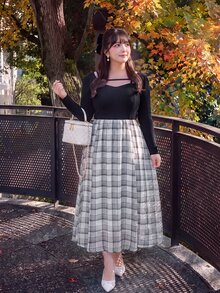 Bijouette Plus Size Cut Out Sweetheart Neck Rib Knit Plaid 2 In 1 Midi Dress,Afternoon Tea,Girls' Gathering,Cafe Ladylike,Brunch - Black - View 5