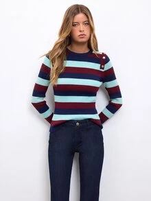Nöista Women's Streetwear Striped Colorblock Long Sleeve Sweater For Holidays - Burgundy - View 3