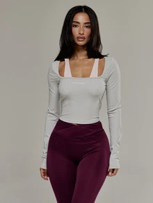 Musera Sport Contrast Colour Strap Scoop Neckline Fitted Long Sleeve Active Coord Top Cute Girly Autumn Winter Fall Gym Holiday Dainty Ice - Grey - View 1