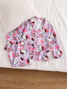 HELLO KITTY AND FRIENDS | SHEIN 女童卡通印花上衣與長褲家居服 嬰兒粉色 秋季公主風 - 紫色 - 查看 1
