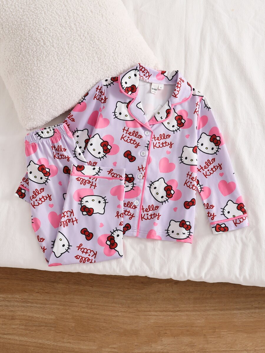 HELLO KITTY AND FRIENDS | SHEIN 女童卡通印花上衣與長褲家居服 嬰兒粉色 秋季公主風 - 紫色 - 查看 1