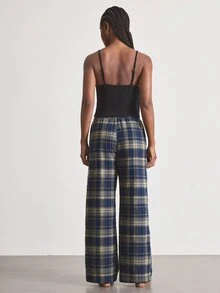 Ocili Ribbed Comfortable Lace Trim Minimalist Plaid Cotton Long Pants Drawstring Women's Loungewear Set - Multicolor - View 3