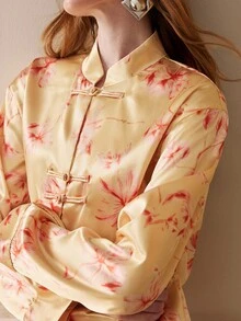 Arave Thickened Satin Stand Collar Frog Button Chinese Style Tie Dye Print Wide Sleeve Fashion Long Sleeve Shirt - Multicolor - View 2