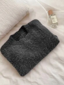 SHEIN 女童素色圓領休閒日常長袖針織衫 - 深灰色 - 查看 6