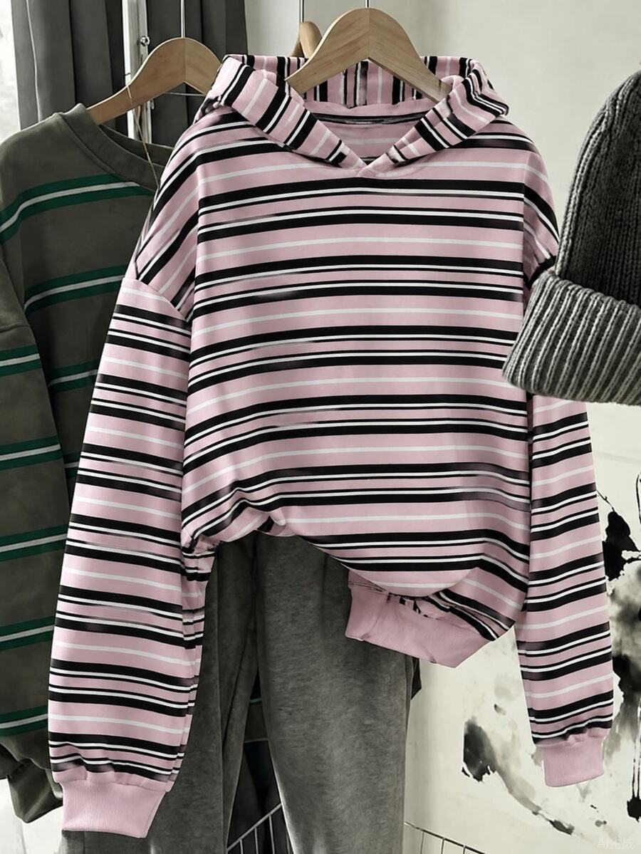 SHEIN Tween Girls Tween Girl Striped Print Sweatshirt, Suitable For Autumn/Winter, Everyday Wear All Seasons - Pink - View 1