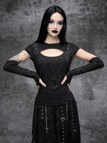 Cryptelle Women's Texture Distressed Knit T-Shirt Cut Out Tops Autumn/Winter Black Gothic Halloween Outfit Party Night - Black - View 1