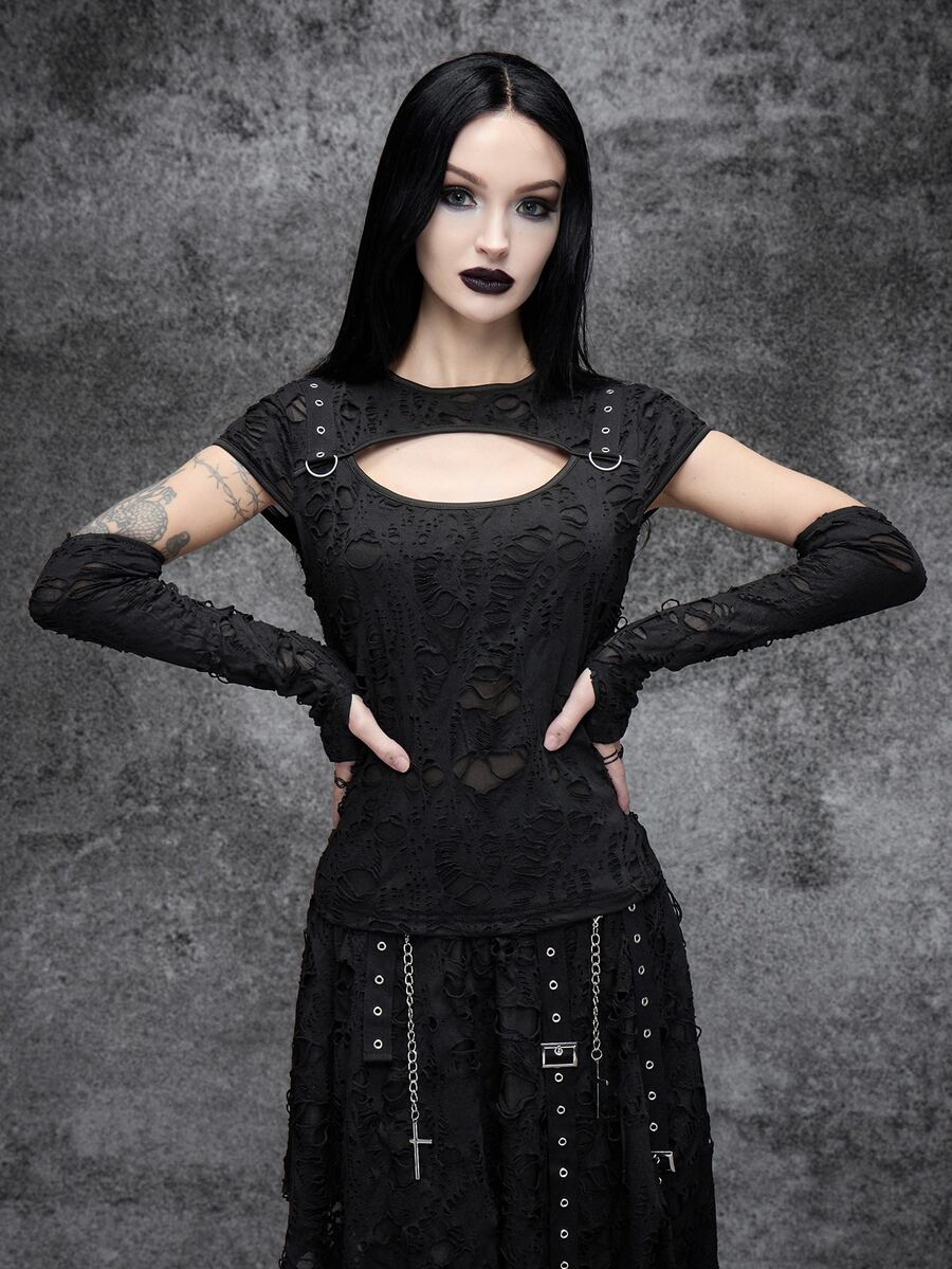 Cryptelle Women's Texture Distressed Knit T-Shirt Cut Out Tops Autumn/Winter Black Gothic Halloween Outfit Party Night - Black - View 1