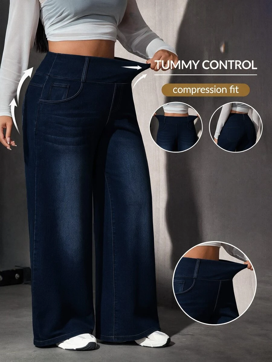 Flexra Celana Jeans Denim Hitam Stretch Model Lurus Longgar Ukuran Plus untuk Wanita - Dark Wash - View 1