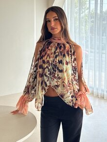Aloruh 波西米亞風立領繫帶長袖喇叭袖不對稱下擺雪紡印花女式襯衫 - 彩色 - 查看 7