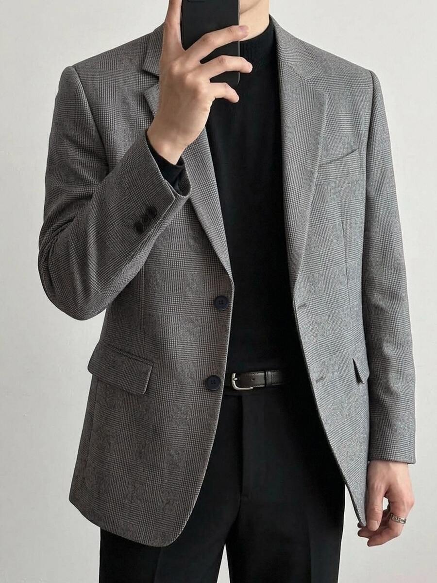 DAZY Blazer Pria Gaya Korea Longgar Motif Kotak-kotak Abu-abu Musim Semi/Gugur - Grey - View 1