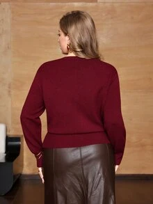 Roveilla Plus Size Women's Lace Trim Long Sleeve Pullover Sweater, Autumn/Winter Back To School - Burgundy - View 2