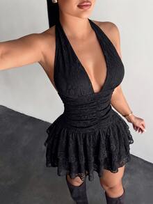 SHEIN SXY 女款純色V領百褶性感約會派對夜店外訪迷你洋裝，黑色，適合萬聖節與夏季 - 黑色 - 查看 3