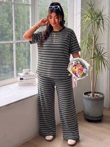 SHEIN EZwear 大尺碼女款休閒端莊度假早午餐辦公室對比條紋印花寬鬆版型T恤與長褲兩件套 春/夏 棕色 - 黑色 - 查看 7