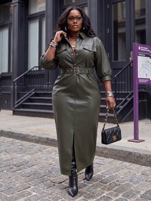 Slaydiva فستان قميص من الجلد الصناعي مقاس كبير بطول متوسط، بياقة طية وأزرار أمامية وحزام، فستان ضيق الجسم - بني - أخضر - مشاهدة 3