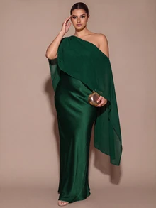 SHEIN BAE CURVE 大尺碼女款優雅長版不對稱單肩洋裝 - 墨綠色 - 查看 7