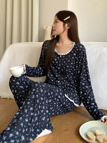DAZY Women's Ditsy Floral Long Sleeve Single-Breasted Top And Pants Pajama Set - Navy Blue - View 7