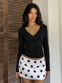CovetEZ 女款甜美休閒性感清新百褶長袖百搭T恤，適合約會與日常穿著，秋季青色 - 黑色 - 查看 3