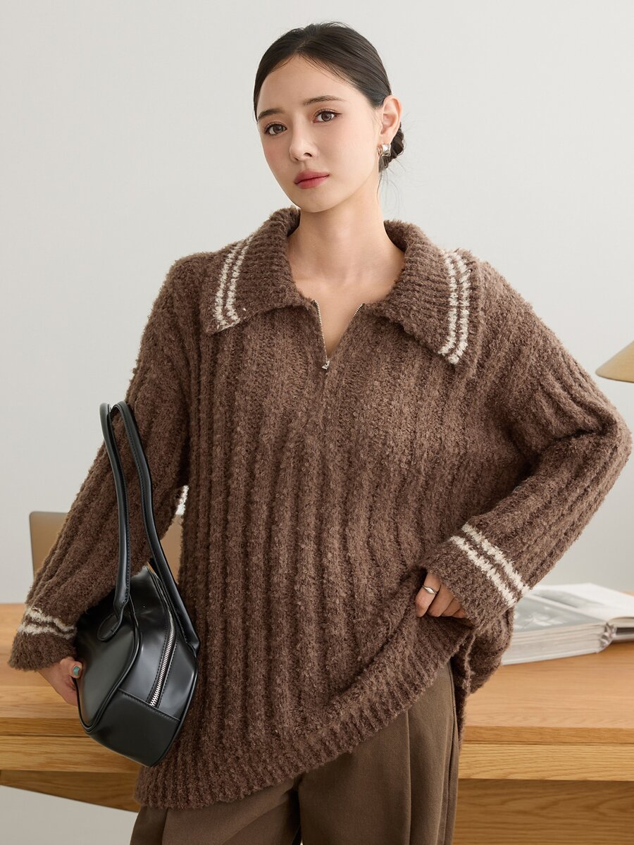 Dazy-Less Women's Autumn/Winter Coffee Brown Round Neck Long Sleeve Cable Knit Slim Fit Ribbed Casual Sweater - Coffee Brown - View 1