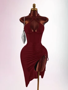 Amplova Women's Sexy Elegant Fishbone Drawstring Tie-Up Slit Dress - Burgundy - View 1