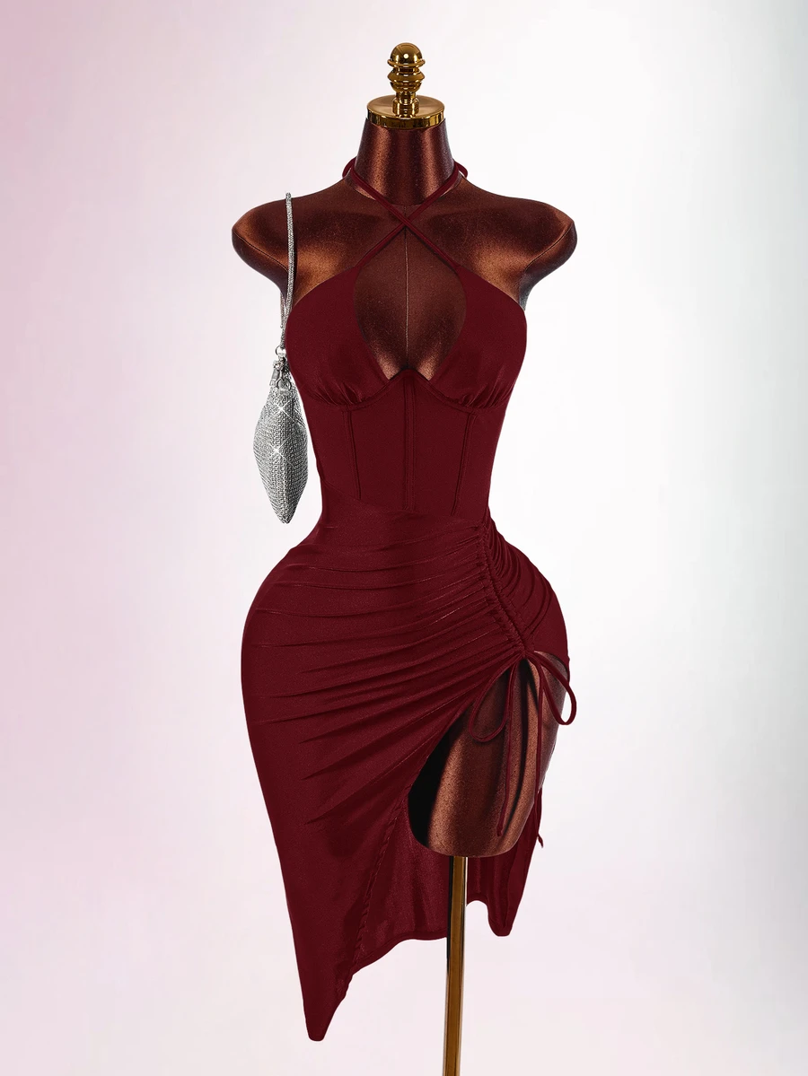 Amplova Women's Sexy Elegant Fishbone Drawstring Tie-Up Slit Dress - Burgundy - View 1