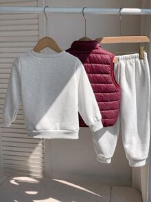 SHEIN 3件組男孩秋冬休閒圓領長袖套頭衛衣、長褲、厚抓絨背心，男孩秋冬套裝、外套套裝、運動套裝 - 彩色 - 查看 2