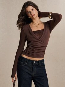 Poéselle Women's Brown Lace Insert Ruched Wrap Going Out Top, Long Sleeve Slim Fit Cotton Blend Shirt For Fall Layering, Date Night, Thanksgiving & Holiday Par - Brown - View 6