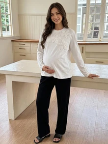 DAZY Floral Pattern Embroidered Loose Long Sleeve Crew Neck Casual Everyday Versatile Spring Autumn Maternity T-Shirt - White - View 8