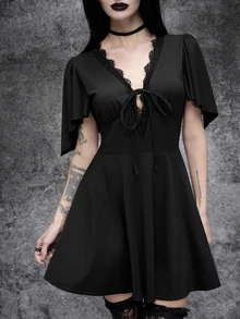 Cryptelle Women's Gothic Lace V-Neck Tie Front Mini Dress Autumn/Winter Black Halloween Party Night Outfit - Black - View 6
