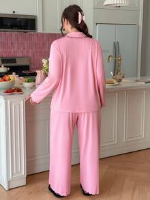 Slumberry CURVE Sweet Romantic Contrast Color Bow Trim Pocket Pink Knit Plus Size Pajama Set - Pink - View 4