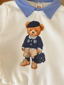 Cozy Pixies Baby Boys Sweatshirts Knit Crew Neck Pullover 2 In 1 Collar Sweatshirt Old Money Style Bear Front Print Thick Comfortable - Apricot - View 6